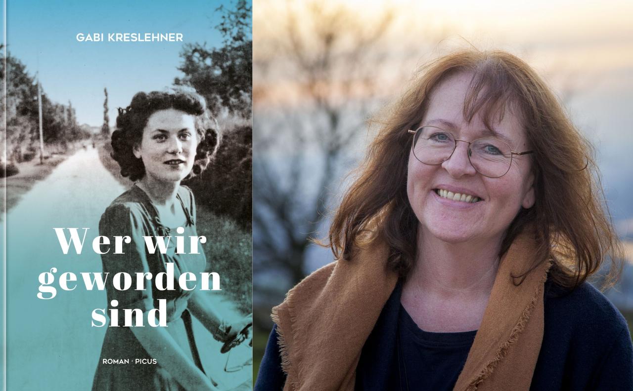 Buchcover "Wer wir geworden sind" und Gabi Kreslehner